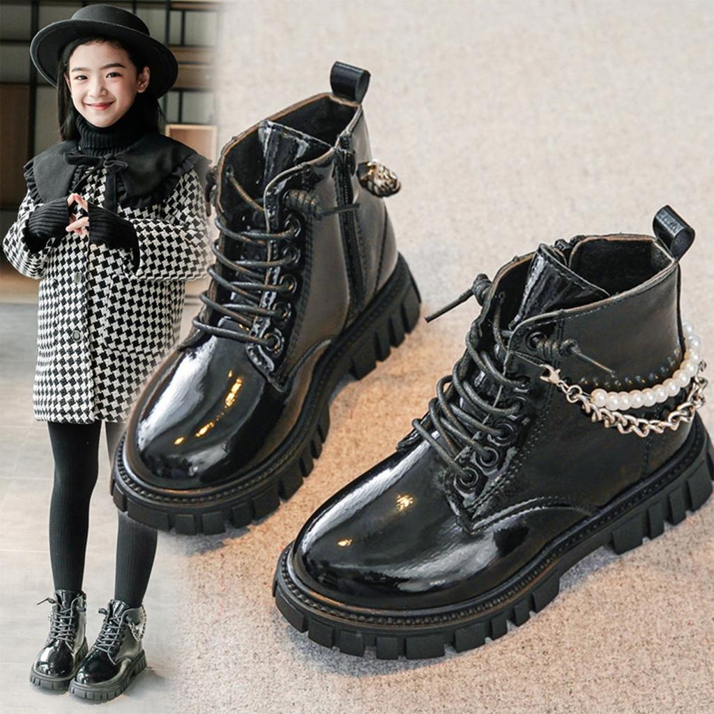 Girls's Fashion Pearl Chain Boots Autumn Winter Glossy PU Leather Single Boot Princess Leather Shoes Soft Bottom Black Shoes