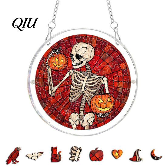 Halloween Puzzle Decoration Acrylic Decor, 2D Ghost Pumpkin Skeleton Hanging Sign, Faux Sign Stained Glass Spooky for Party Home Stress Relief