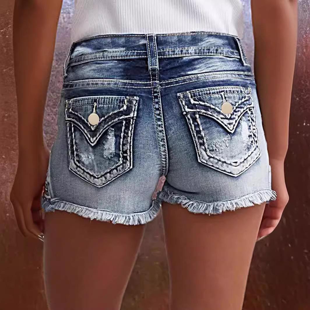 

Women s Embroidered Ripped Denim Shorts - European & American Fashion, Elastic Patch Design X-Large светло-синий
