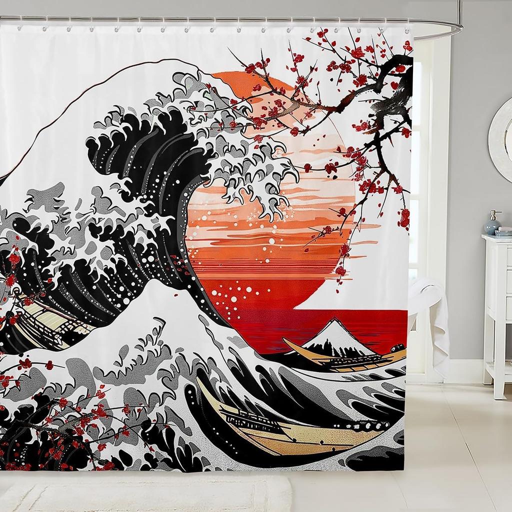 Japanese Wave Shower Curtain Kids Cherry Blossoms Bathroom Shower Curtain Set For Boys Girls Japanese Ukiyoe Theme Home Decor