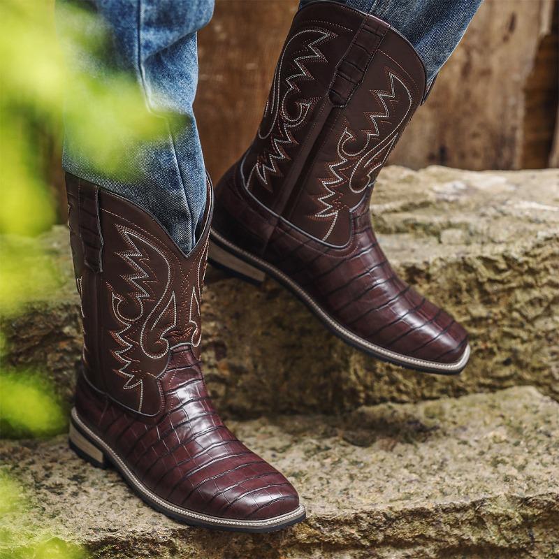 Luxury Handmade Embroidery Mens Boots Retro Western Cowboy Boots Outdoor Knight Boots for Men Mid-calf Leather Boot Botas Hombre