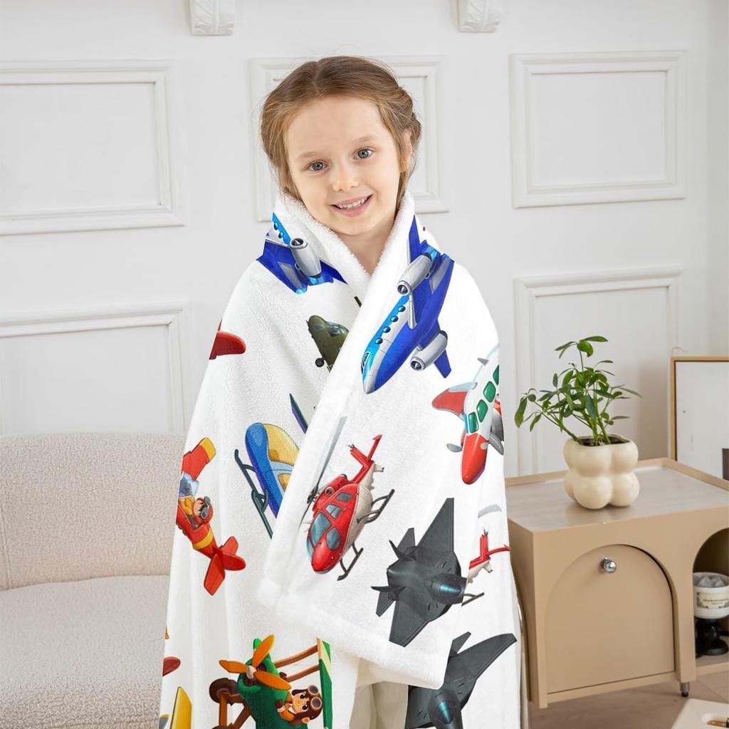 Various Cartoon Aircraft Biplane Jet Helicopter Clean White Background Pattern Flannel Throw Blanket, Warm Cozy Blanket