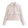 Womens Solid Color Vintage Loose Zip Pocket Short Wool Blend Jacket