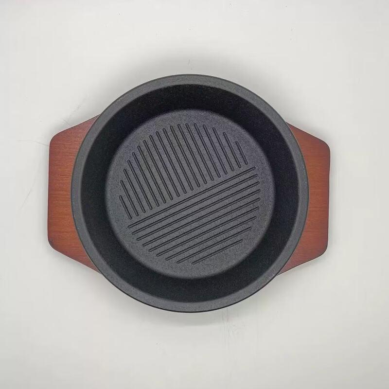 ZISIZ 24cm Cast Iron Round Grill Pan with Wooden Board