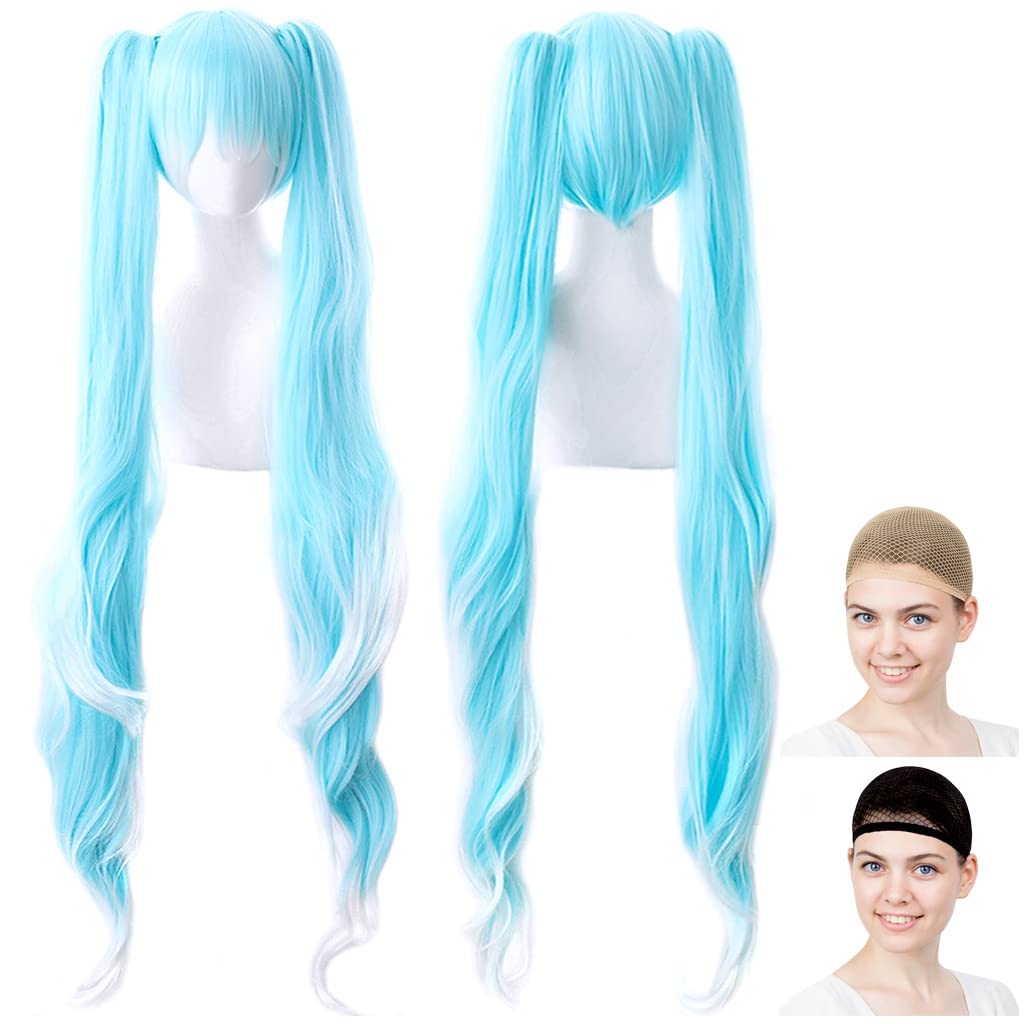 CaseEden Cosplay Wig, Long Twintails with Bun, Heat Resistant, Light Blue and White Gradient, Includes 2 Wig Nets