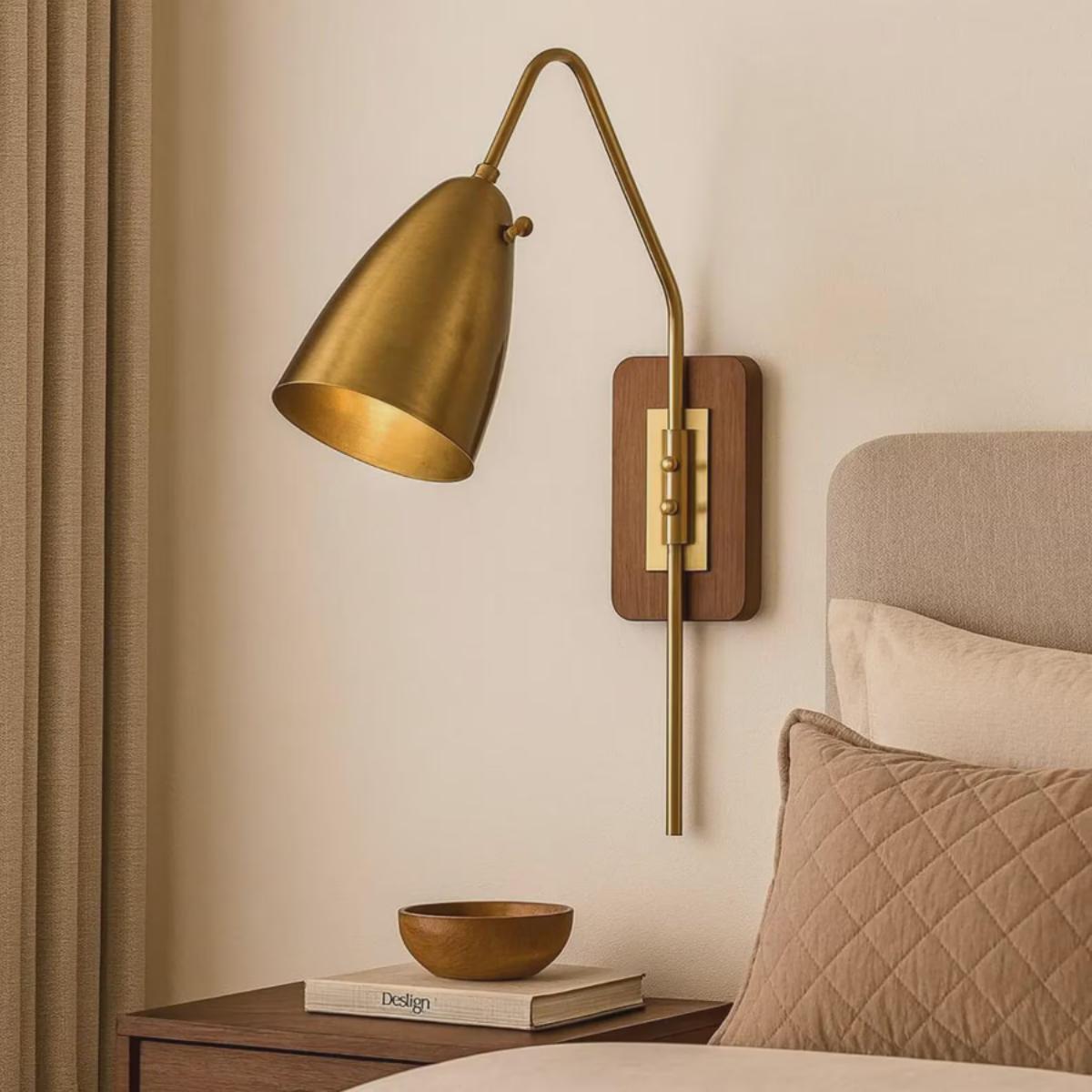 Wood and Brass Wall Sconce – Adjustable Mid Century Modern Bedside Lamp, Handmade Gold Finish Wall Light Fixture 24” , 9” , 9.5”