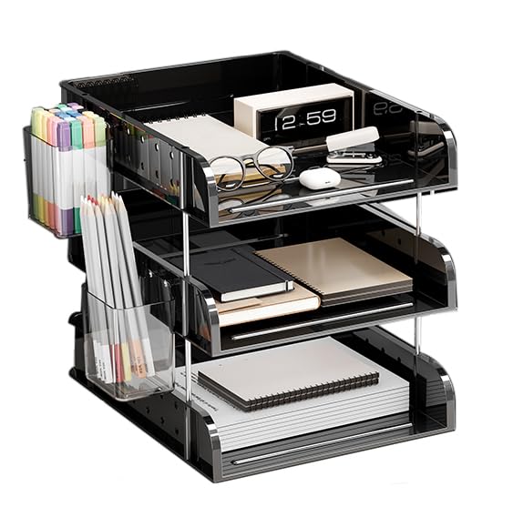 Vertical A4 Letter Tray Rack Desk Organizer with Steel Columns and Two Pen Holders 3 Tiers Black 7230₽
