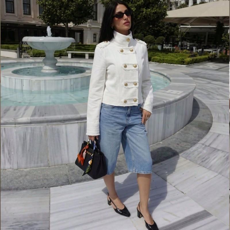 Womens Double-Breasted Short Blazer High Neck Slim Fit Long Sleeve Jacket