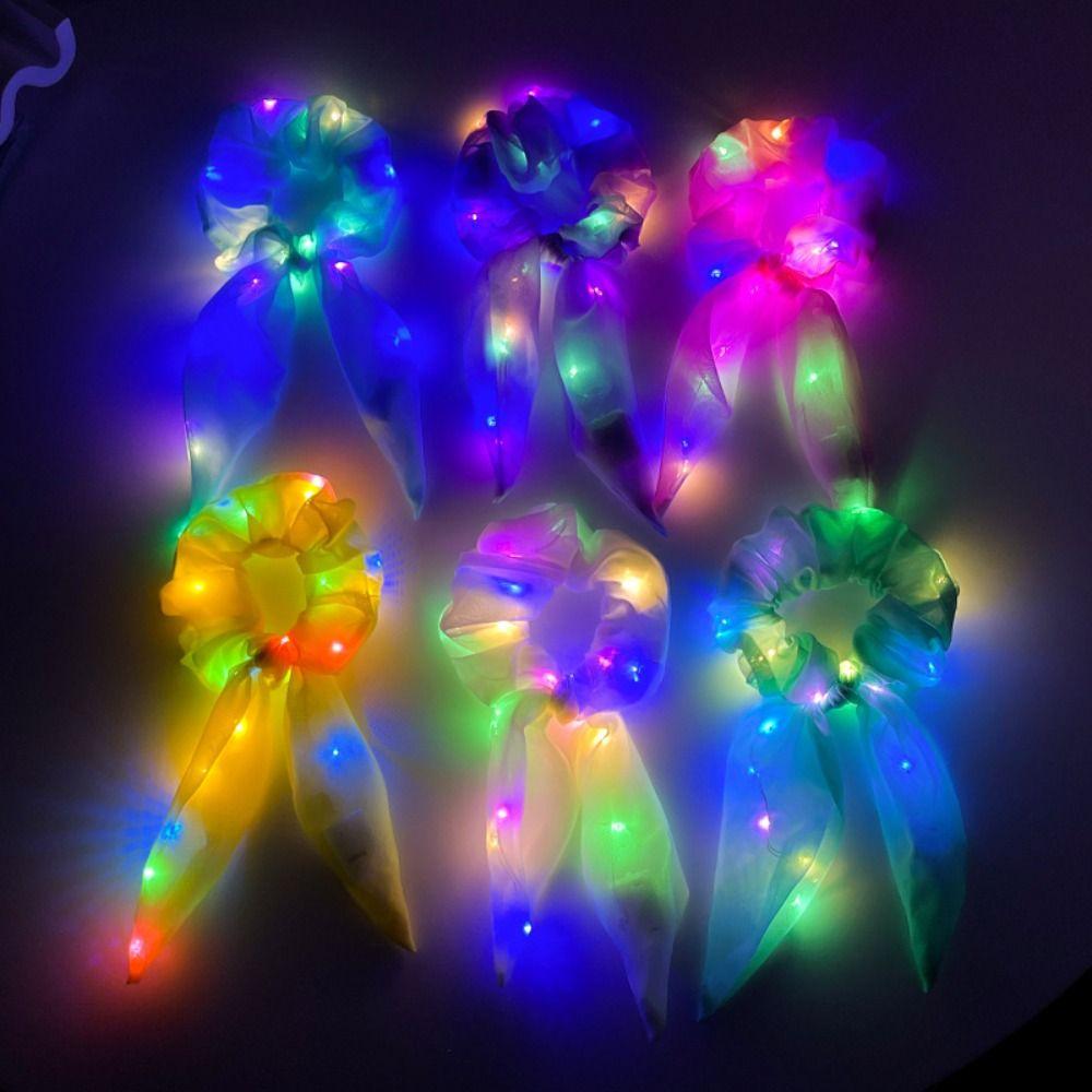 Bow Luminous Hair Bands Scrunchies Ribbon Light Up Rubber Band Headwear Girls