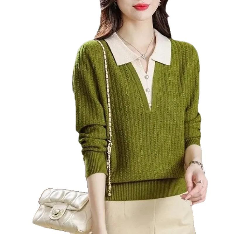 Autumn and winter new lapel splicing outer wear women's sweater fake two-piece cover fashion knitted bottoming shirt
