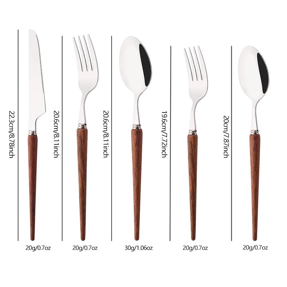 4/20Pcs Imitation Wooden Handle Cutlery Set Brown Silver Dinnerware Set Knife Fork Spoons Tableware Stainless Steel Flatware