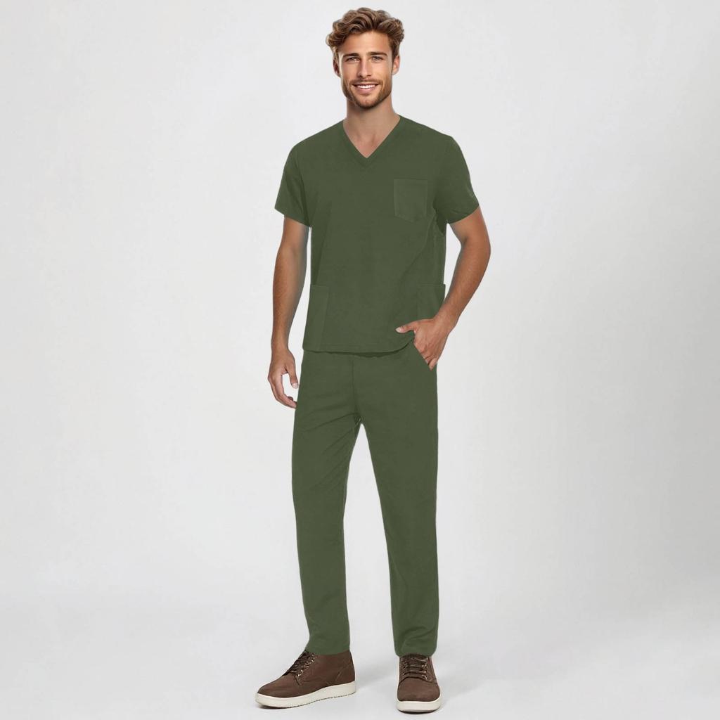 Men's Short-sleeved V-neck Solid Color Printed Breast Pocket Care Top Elastic Waist Trousers Two-piece Work Suit