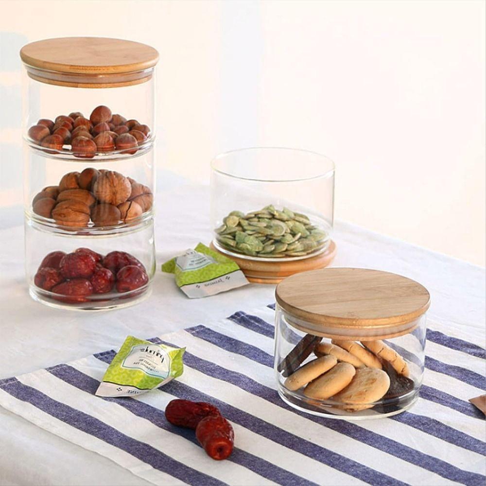 Bamboo Cover Fresh Salad Bowl Lid Airtight Snack Bin Elegant Stacking Tea Jars  Candy