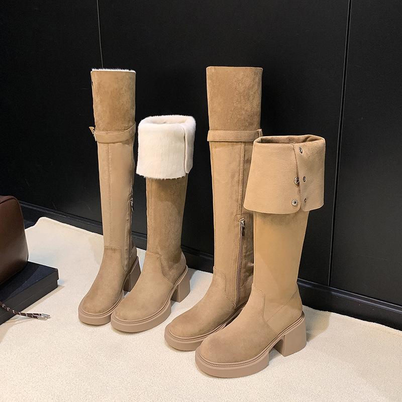 Leder-Ritterstiefel Herbst und Winter 2025 Retro Overknee-Stiefel Wildleder zum Umschlagen zwei Tragemöglichkeiten Stiefel mit dickem Absatz Damen