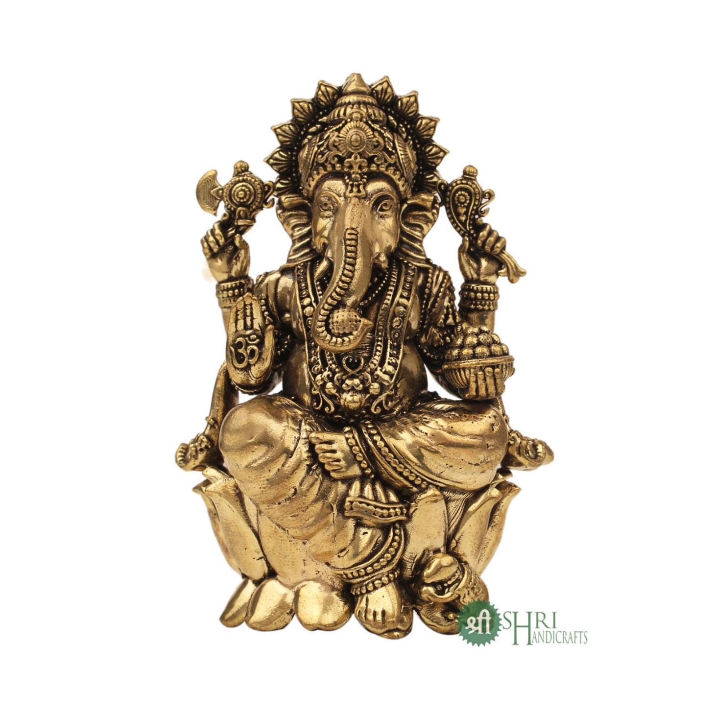 

Pure Brass Ganesha Idol For Good Luck & Worship, Ganpati Hindu God Statue, Gold
