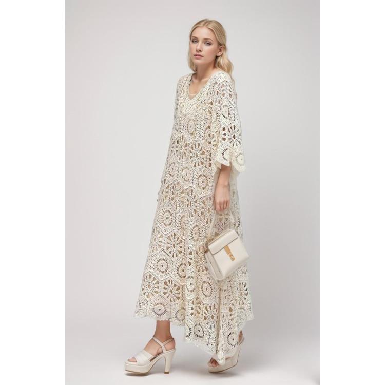 Neues Damen Sommer Casual Locker Basic Mode Langarm Spitze Gestrickt Weiß Dimanaf Kleid