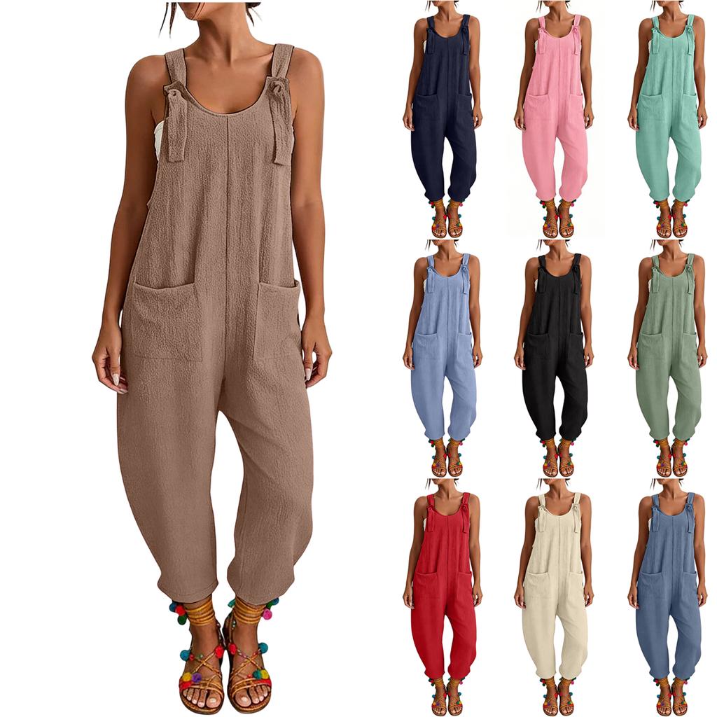 Women's Spring Jumpsuits Adjustable Strap Vintage Color Sleeveless Pants With Pockets