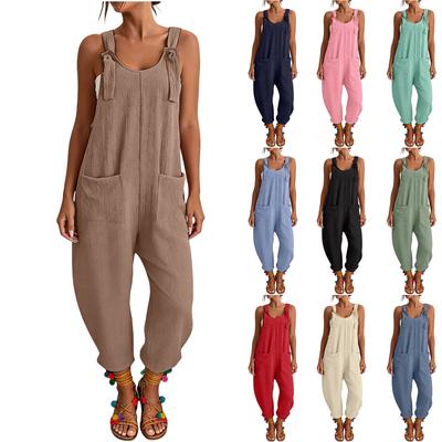 Women's Spring Jumpsuits Adjustable Strap Vintage Color Sleeveless Pants With Pockets