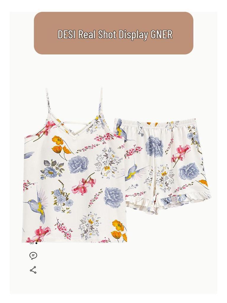 Women's Summer Cotton-Feel Pajama Set: Sexy Camisole and Shorts with Built-in Bra