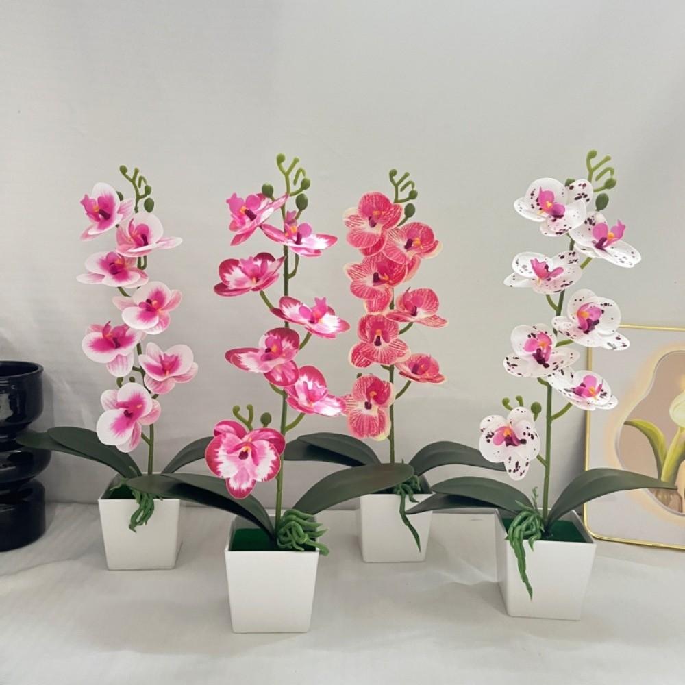 7 Flowers Artificial Orchid Potted Flowers Pink White Pot Artificial Faux Plants Multi-Bloom Plastic Fake Flower Bonsai
