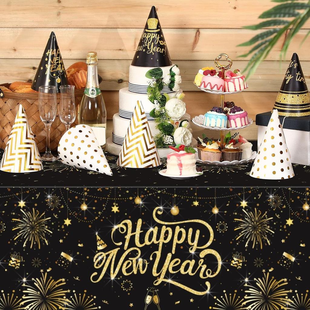 Zhehao Happy New Year Tablecloths 54 x 108 Inch Black and Gold Plastic Tablecloths Disposable Waterproof Happy Newyear Table Covers for 2026 New