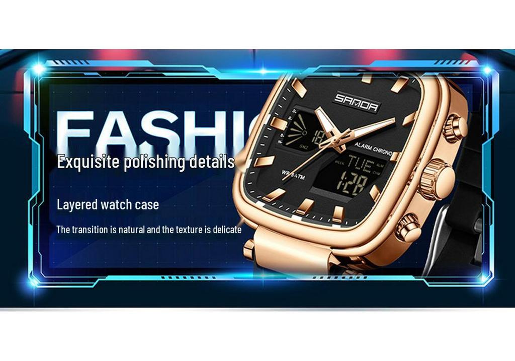 Sanda Unisex Trendy Square Watch: Multifunctional, Waterproof, Dual Display, Sports/Calendar Features, Casual Men's Electronic Wristwatch.