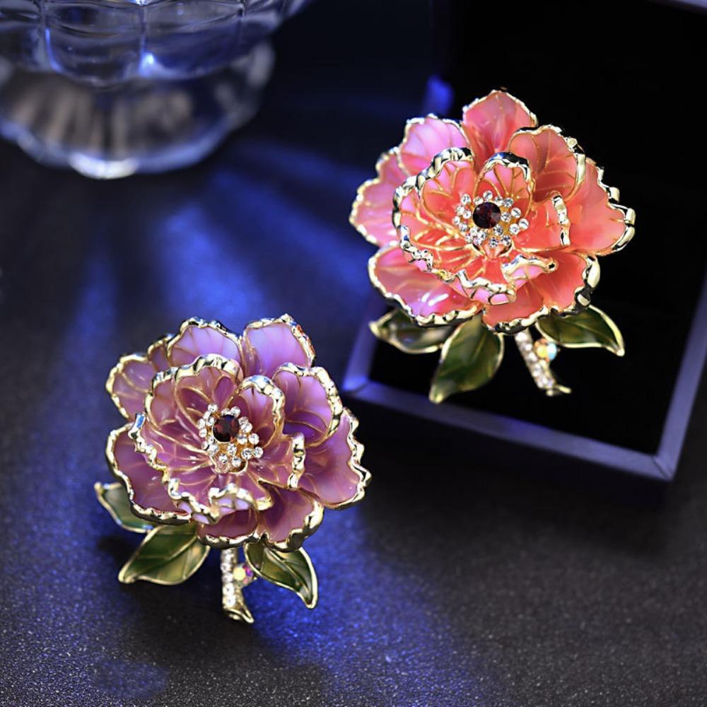 Luxury Enamel Peony Brooch Zinc Alloy Banquet Jewelry Corsage Flower Pin Rhinestone Friend Gifts Plant Brooch