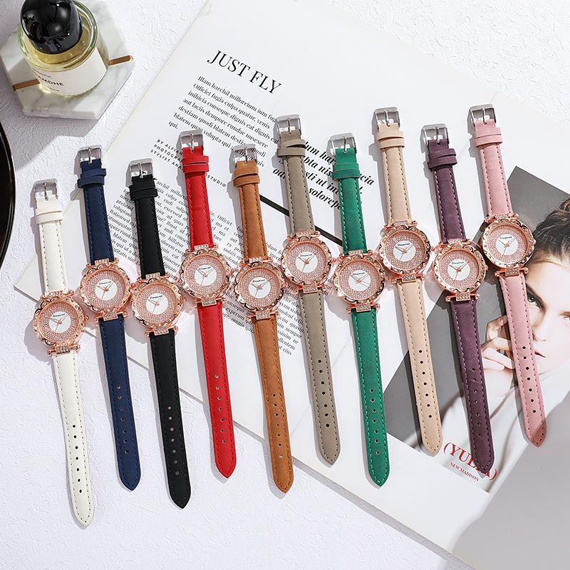 Damen Quarzuhr mit Strass-Zifferblatt und Lederarmband