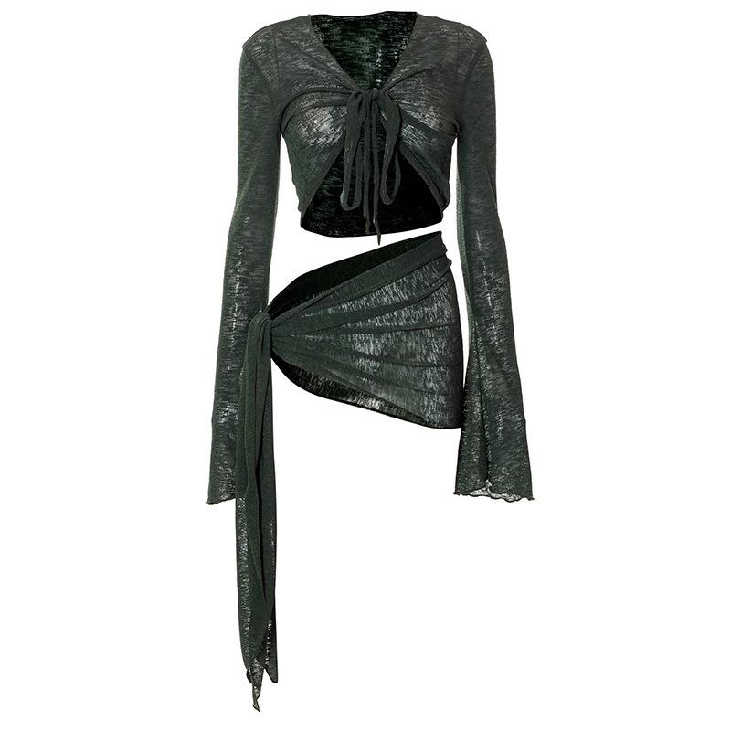 Ensemble crop top à manches longues à lacets en dentelle résille et jupe courte - Mode d'été européenne et américaine pour femmes