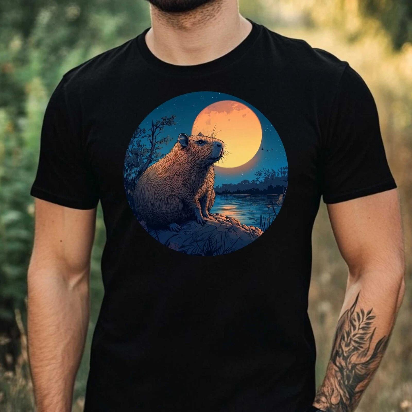 T-Shirt Herren Capybara im Mondlicht Motiv Baumwolle Größe XS bis 5XL S
