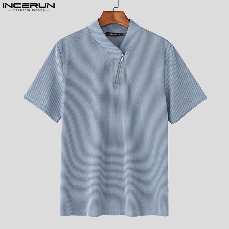 INCERUN Summer Men Short Sleeves Texture Solid Color Tops T-shirts