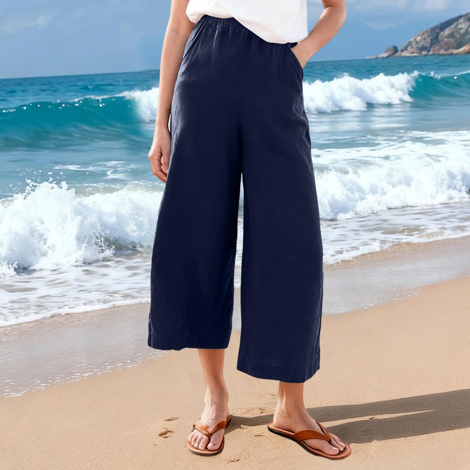 Women s Flare Linen Pants Dressy Casual Palazzo Pants  Elastic Waist With Pockets XL тёмно-синий