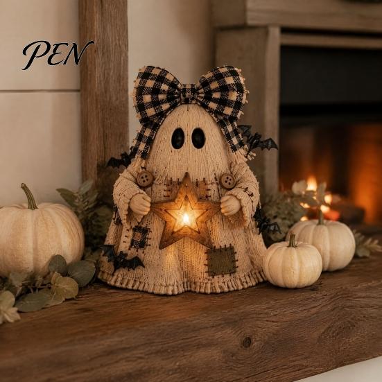 Small Apartment Ornaments Lighted Vintage Patchwork Ghost Figurine with LED Lantern, Rustic Farmhouse Halloween Figurine, Decorative Fall Figurines