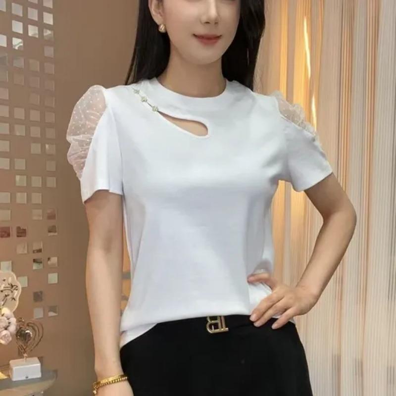 Women Burgundy Mesh Puff Sleeve Cutout Neck Floral Bead Short Sleeve T Shirt S белый