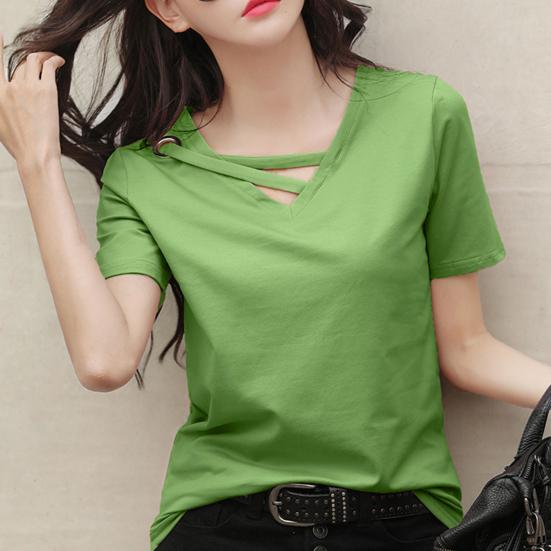 Γυναικείο πουκάμισο μονόχρωμο κοντό μανίκι V λαιμόκοψη Γυναικεία μπλούζα για καθημερινή χρήση