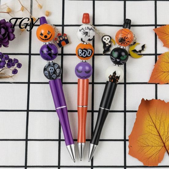 Handmade Wooden Writing Pens 6PCS Halloween Beadable Pen Kit, DIY Ballpoint with Pumpkin Witch Unique Ghost Theme Beads, Creative Smooth for