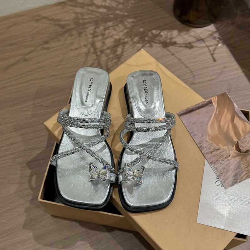 2025 new Korean version of rhinestone flat-bottomed slippers women's Mary Jane shoes breathable butterfly soft-soled slope heel cool slippers tide