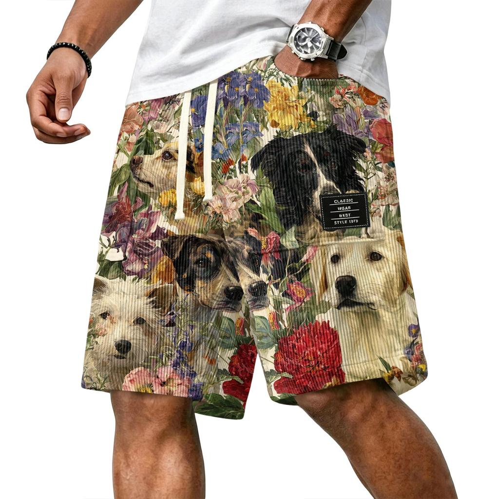 Men's Casual Corduroy Drawstring Shorts Hawaiian Style Floral Dog Print Lightweight Comfortable Fit Summer Beachwear