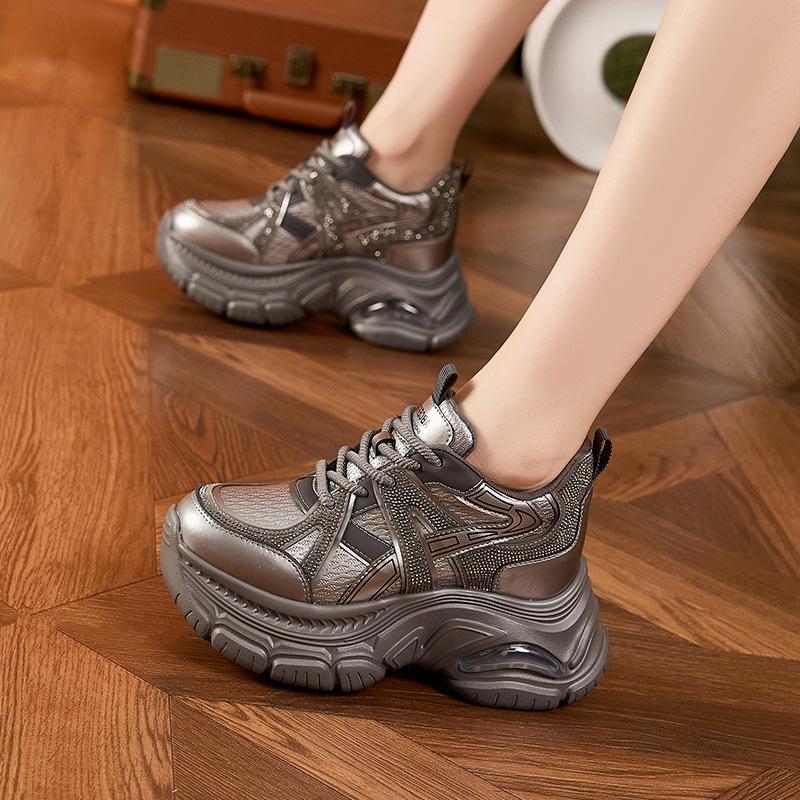 Platform Dad Shoes Women's 2025 Autumn New Fashion Rhinestone Versatile Inner Height-increasing Women's Shoes Air Cushion Casual Sports Shoes