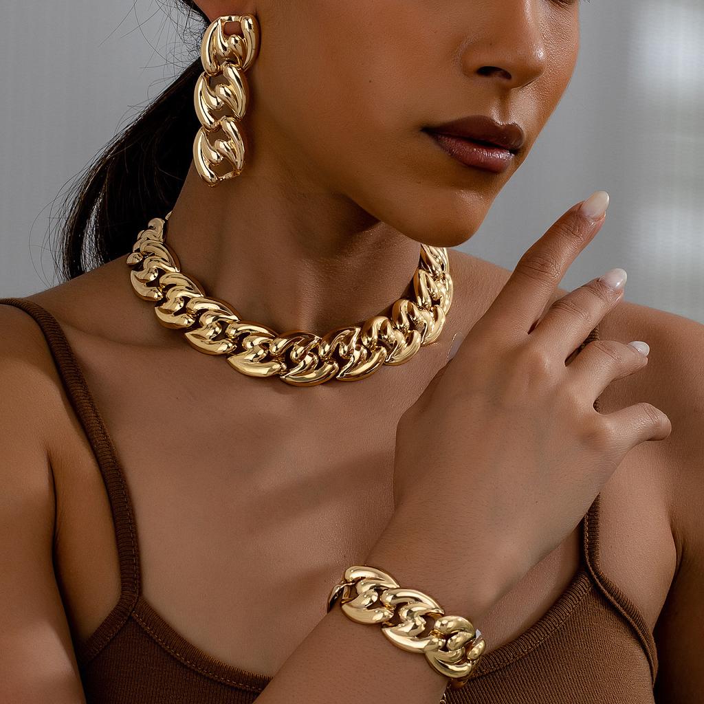 3PCS Zircon Set for Women Gold Copper Color Big Cuban Chains Bracelet Necklace Fashion Chunky Chain Collares Earring Gifts