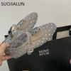 Fashion SUOJIALUN 2025 Autumn Women Flat Shoes Fashion Mesh Crystal Ladies Elegant Mary Jane Ballet Shoes Soft Flat Heel Dress Single Sh