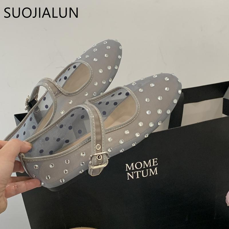 Fashion SUOJIALUN 2025 Autumn Women Flat Shoes Fashion Mesh Crystal Ladies Elegant Mary Jane Ballet Shoes Soft Flat Heel Dress Single Sh