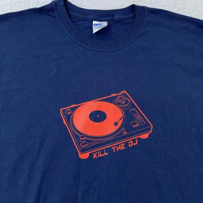 Vintage Kill The DJ Shirt Mens L/XL Navy Blue Turntable Record Player Music Tee