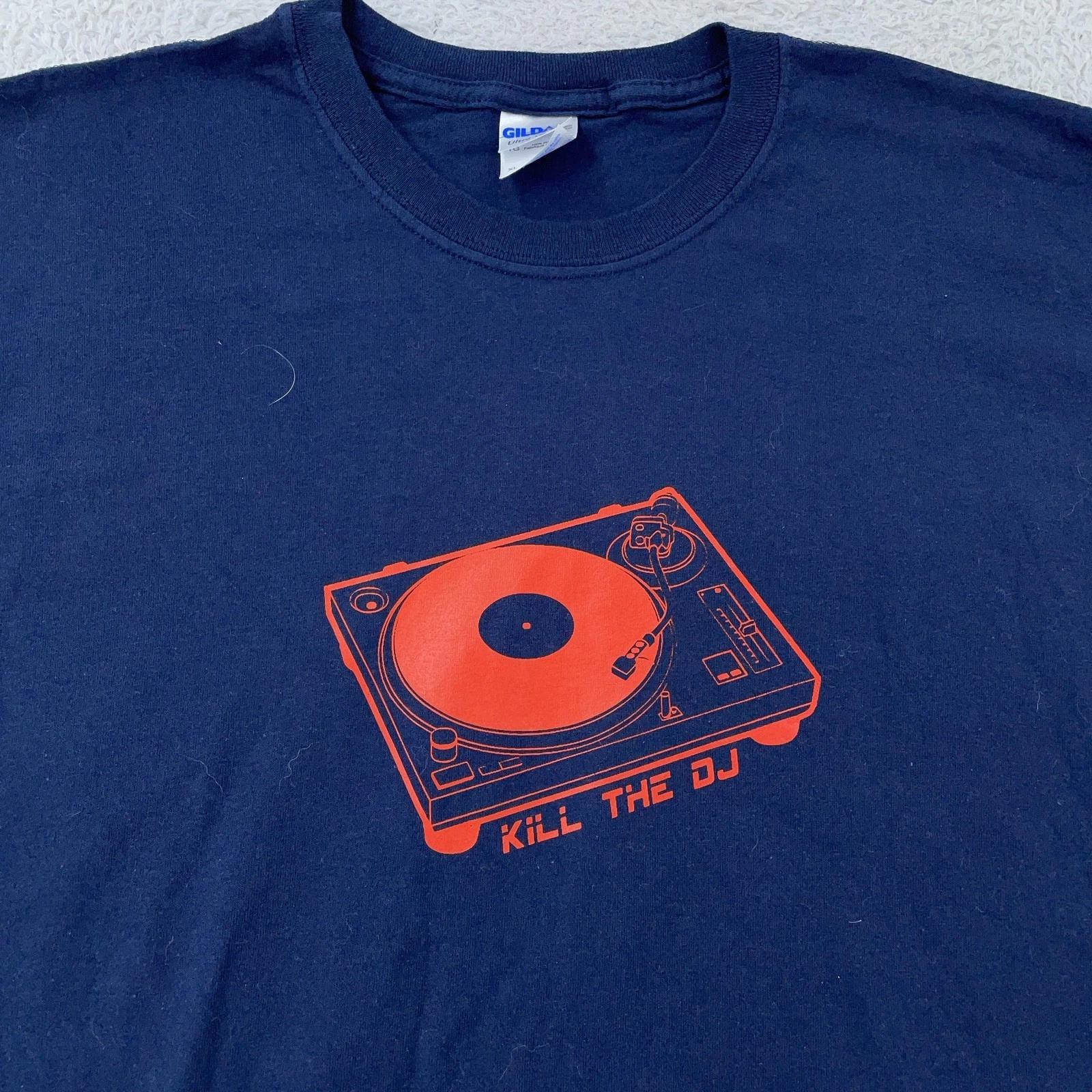 

Vintage Kill The DJ Shirt Mens L/XL Navy Blue Turntable Record Player Music Tee 2XL