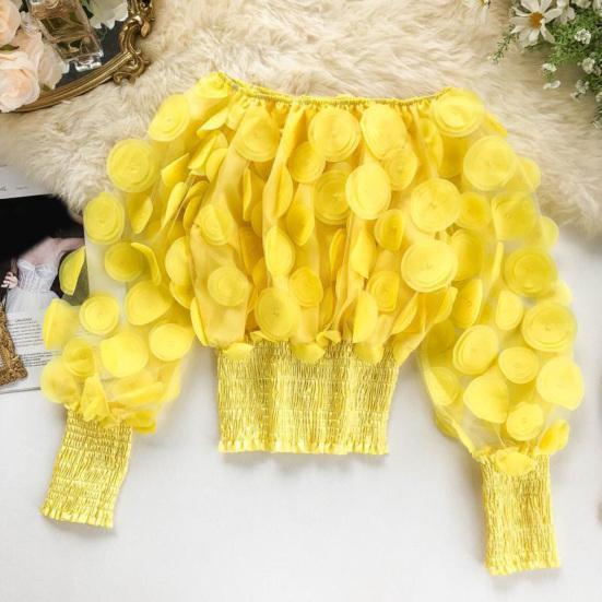 Women Tops Off Shoulder Puff Long Sleeve Elastic Waist Short Tops Perspective Mesh Yarn Casual Tops Party Daily Wear