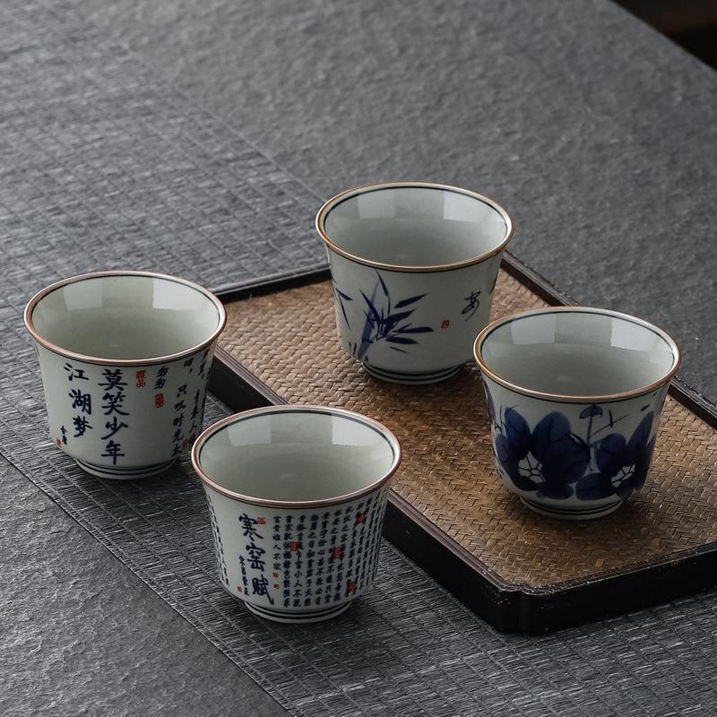Vintage Clay Retro Ceramic Kung Fu Set Tasting Large Master Blue and White Porcelain Single Cup Bowl Tea