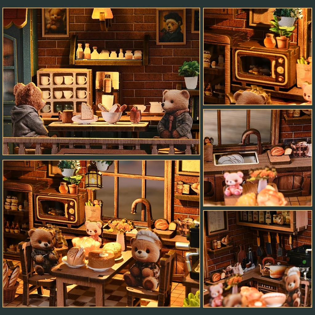 CRESYMME Miniature House Dollhouse Book Nook Wooden DIY 3D Hobby Bread Kit, (Bear's Time)