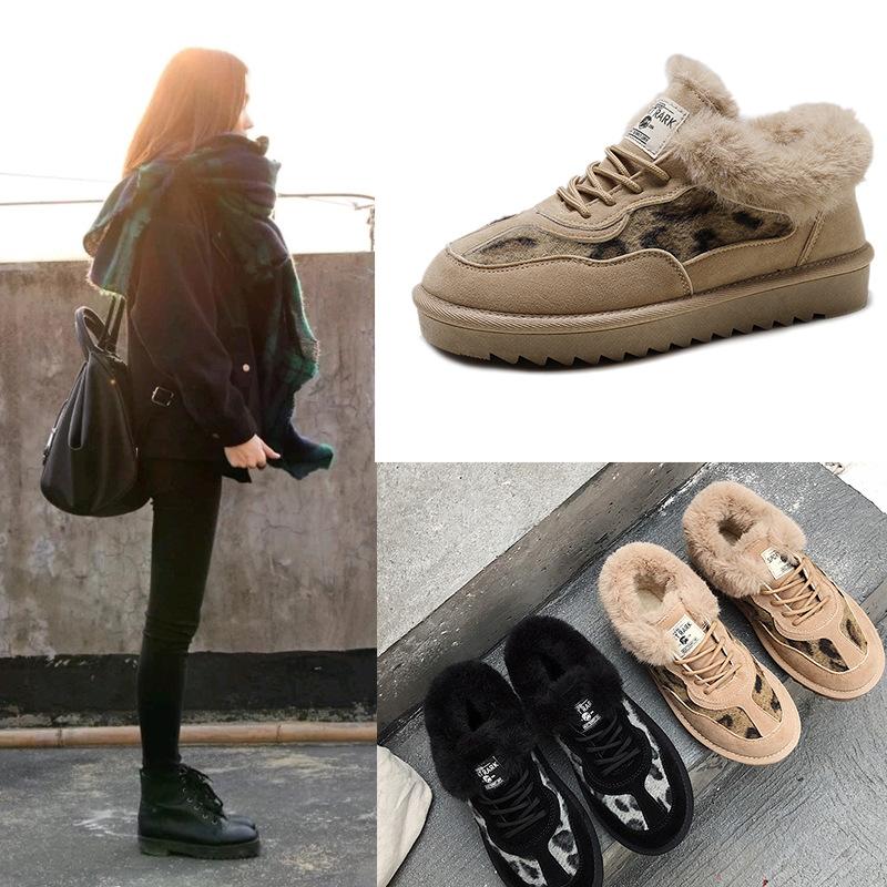 Women's Snow Boots New Autumn and Winter round-Toe Leopard Print Lace-up Furry Short Low-Cut Beige with Plush Winter Boots Cotton-Padded Shoes