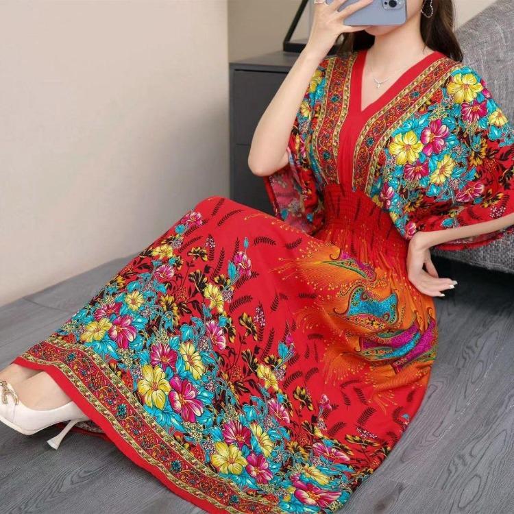 

Vintage Bohemian Floral Summer Maxi Dress Women Long Beach Holiday Travel Casual Indian Clothes Vestidos Fashion XXL червоний