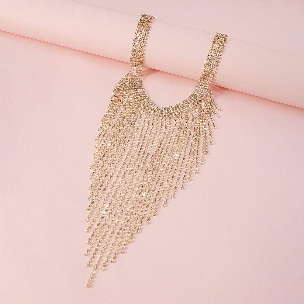 Korean Style Full Rhinestone Necklace Geometric Clavicle Chain Long Tassel Necklace  Wedding